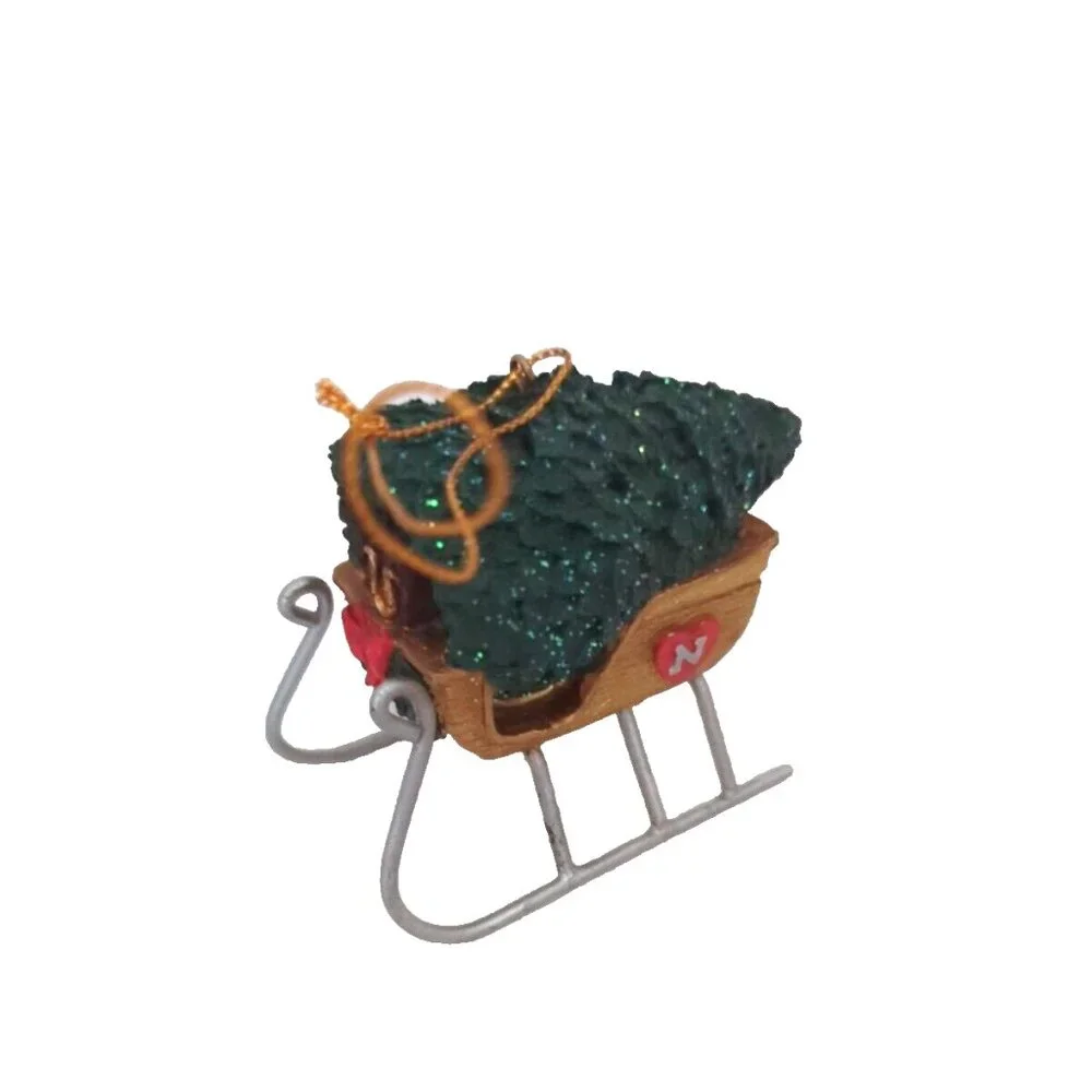 Thomas Kinkade 'Bringing Home the‎ Christmas Tree' Sled Ornament w/ Tree